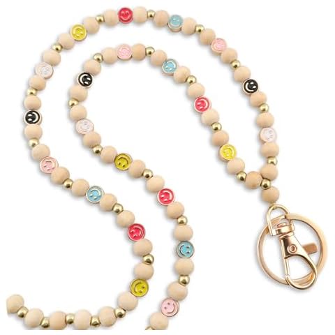 MyfavoriteK Smiley Teacher Lanyard for Women ID Badges and Keychain Cute Happy Wood and Metal Beads Lanyard for Teacher Nurse (Wood) Cover