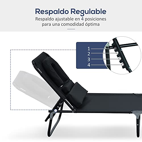 Tumbona Reclinable Acero Hamaca Plegable Playa con Almohada Masaje y Leer Negro - imagen 4