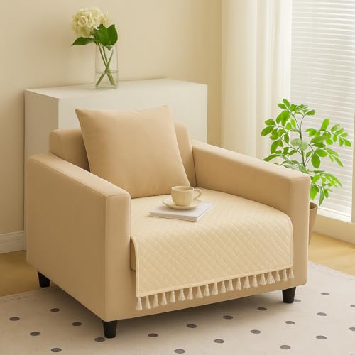Image of Roseate Quilted Velvet Sofa Cover (1 Seater / 24 inchx27 inch) Sofa Protector for Living Room /Bedroom interiors (Beige) with Tassels