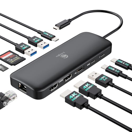 Estación de acoplamiento USB C dual 4K 11 en 1 para portátiles con triple pantalla HDMI y Ethernet