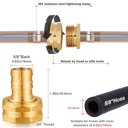 Image of Solid Brass Garden Hose Repair kit Connector with Clamps 5 /8 inch Barb x 3 /4 inch Female,Fit for Garden Hose Fitting,Male and Female Hose Fittings