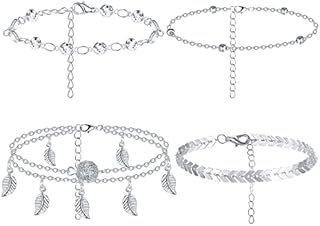 4 Pcs Boho Anklets Adjustable Ankle Bracelet Layered Beaded Leaf Foot Chain Foot Jewelry for Beach Costumes Women Girl