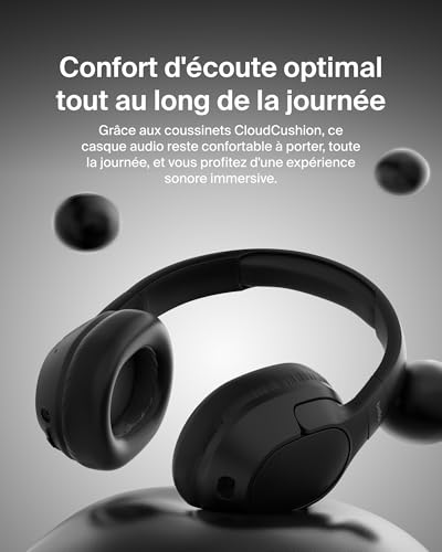 Belkin SoundForm Isolate Casque Bluetooth sans Fil avec ANC Hybride (Casque Audio à réduction de Bruit, 60 h de Lecture, Basses Profondes, Oreillettes CloudCushion, Utilisation en déplacement) - Noir