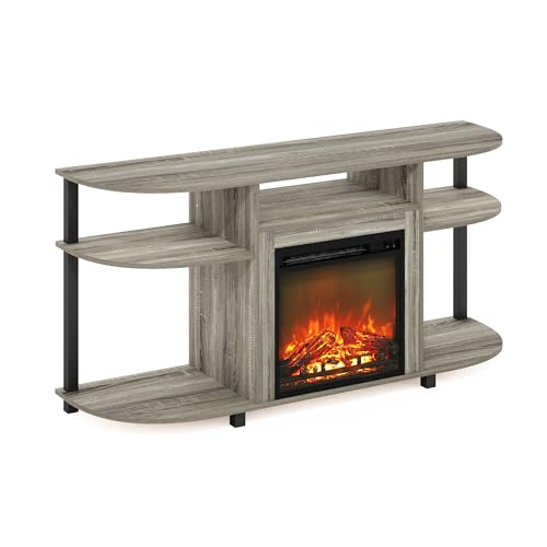 Image of Furinno Jensen Fireplace TV Stand, Curved Entertainment Center, TV Console for TV up to 55 Inch with Fireplace and Open Storage, for Living Room, Bedroom, French Oak Grey