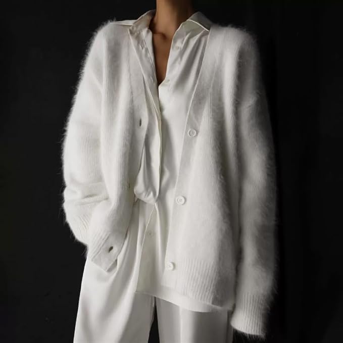Image of Womens Fuzzy Sweaters Cardigan V-Neck Button Down Oversized Mohair Sweater Casual Y2k 2026 Fall Winter