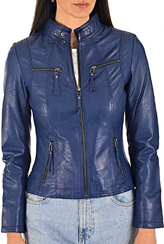HiFacon Veste de moto vintage rétro en cuir véritable pour femme Bleu, Veste en cuir véritable, M