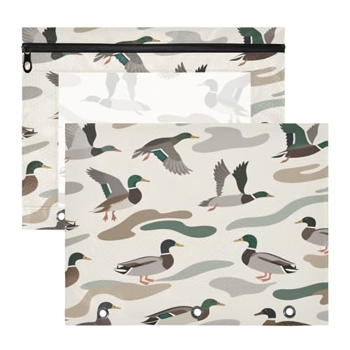 Slewiaeky Binder Pencil Pouch 3 Ring Duck Pet Camo Camouflage Zipper Pencil Case Bags with PVC Pockets and Clear Window for School Office 2 Pack