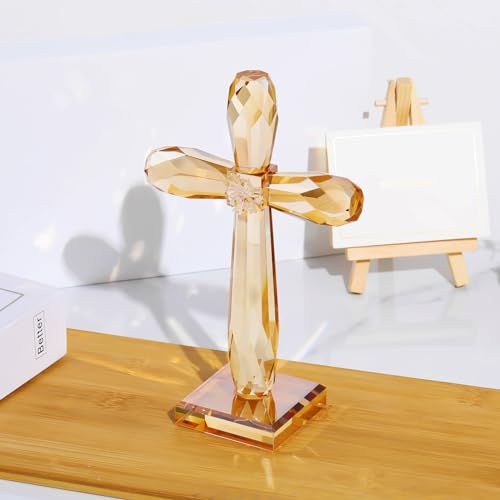 Image of YWHL Champagne Crystal Standing Cross Figurine, Religious Gifts for Women