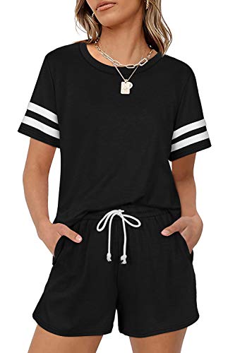 Black Womens Loungewear Sets Short Sleeve Crewneck Striped Sweatsuit Summer Pajamas L