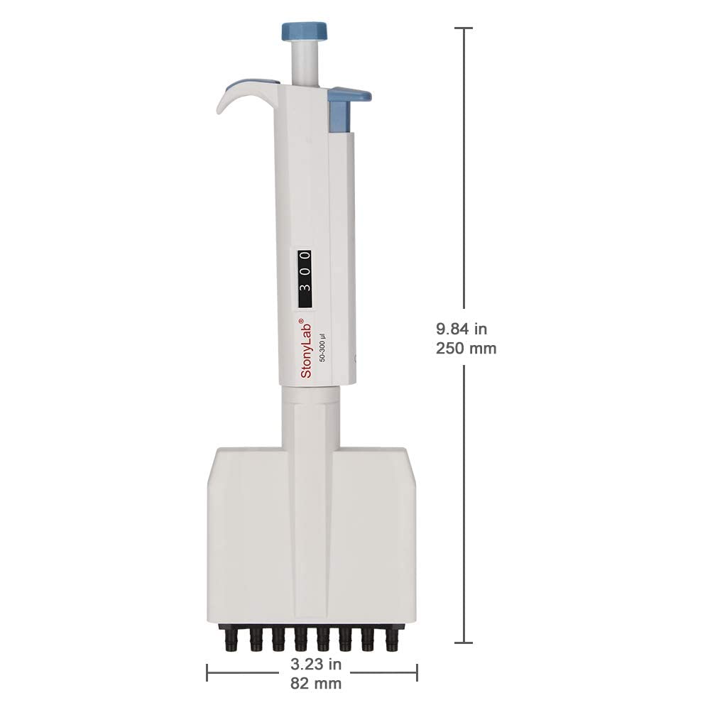 stonylab Controlador de Pipeta de 8 Canales, Pipeta Multicanal de Volumen Variable Ajustable con Cono de Punta Autoclavable, Multichannel Pipette para Investigación de Laboratorio, 50-300µL
