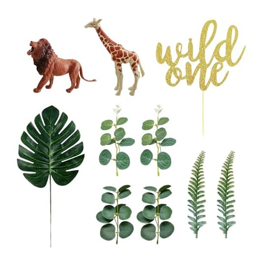 Realistic Safari Jungle Animals Cake Toppers with Plam Leaf Eucalyptus Leaves Cake Decorations for Wild Themed Birthday Baby Shower Party (Wild One)