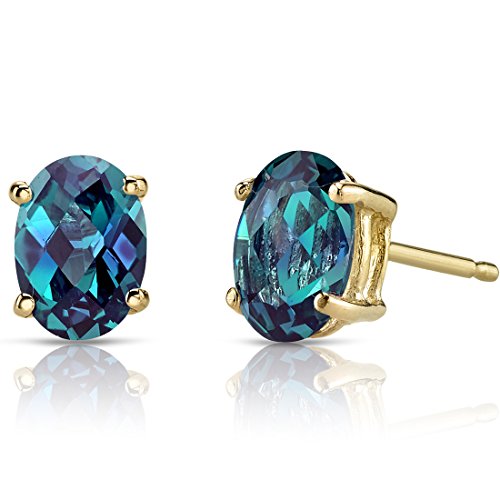 Peora Solid 14K Yellow Gold Created Alexandrite Earrings for Women, Color Change Classic Solitaire Studs, 7x5mm Oval Shape, 2 Carats total, Friction Back, Color Change Alexandrite Jewelry,