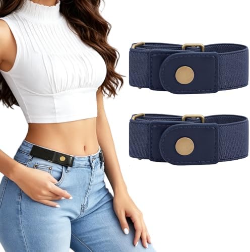 LEACOOLKEY 2 Stück Gürtel Ohne Schnalle Damen für Jeans Elastischer Schnallenfrei Gürtel Unsichtbarer Stretch Taillengürtel Buckle Less Belt