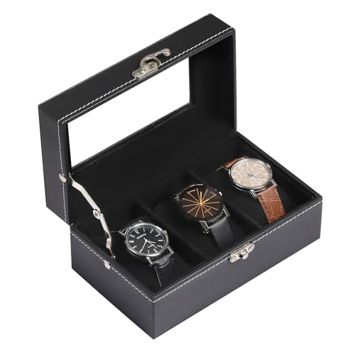 AUTOARK Leather & Velvet 3 Watch Box Glass Top Jewelry Display Lockable Case Organizer,Removable Watch Pillows,Black,MKAW095