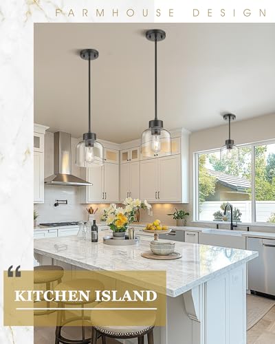 Image of 2-Pack 7 inch Pendant Lights Kitchen Island, Matte Black, Clear Glass