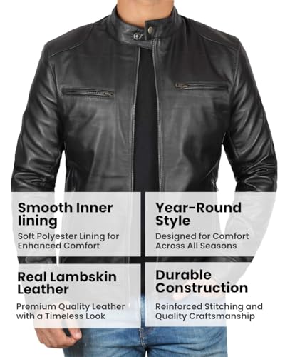Image of Blingsoul Leather Jacket Men - Real Lambskin Cafe Racer Motorcycle Style Jacket for Mens