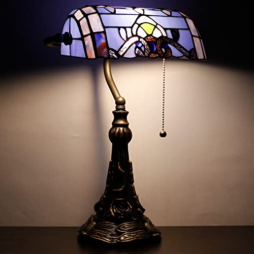 Tiffany Banker Lamp Small Stained Glass Table Lamp Tiffany Style Piano Light Blue Baroque Style Desk Lamp Angle Adjustable 10.6X15.7 Inch for Home Office Living Room Bedroom