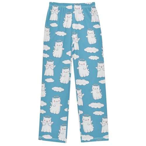 Boy's Pj Pants White Angel Cat Fly Cloud Blue Lounge Bottoms Elastic Waist Kids Joggers with Pockets Size 6-14