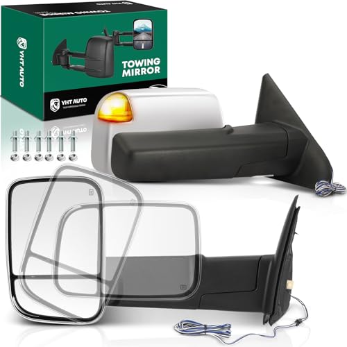 YHTAUTO Power Heated Towing Mirrors Fits Dodge 2002-2008 Ram 1500, 2003-2009 Ram 2500/3500 with Power Lens Adjusted, Turn Signal & Puddle Light, Flip Up Telescope Pickup Chrome Car Mirror Pair