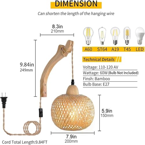 Aplique de pared madera E27 interruptor lámpara vintage interior ratán 4