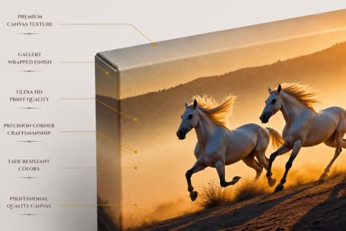 Image of 7 Horse Vastu Sunrise Canvas Painting | Positive Energy Wall Decor | Big Size Premium Running Horses Artwork for Home, Office & Hall Decoration (Modern, Golden Horse, 44x20 Inch)