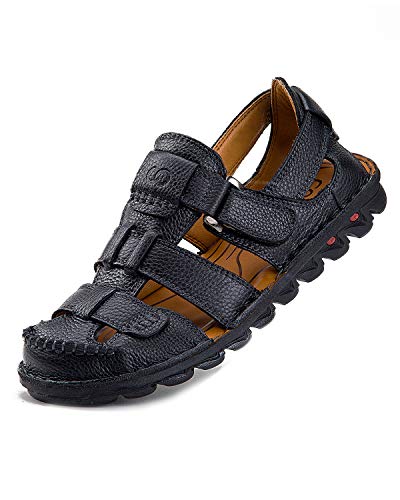 COZYO Men's Sandals，Leather Fisherman Closed Toe Sandals for Men Black 10.5 M