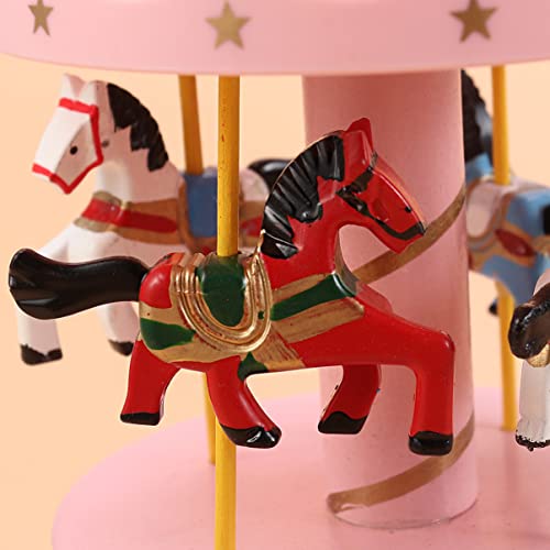 Lifkome Carousel Music Box, Wooden Carousel Music Box 3- Horse Figurine Rotating Music Box Merry- Go- Round Wooden Musical Box For Christmas Birthday Valentines Gifts (Style 3, Pink Blue) #TOP6