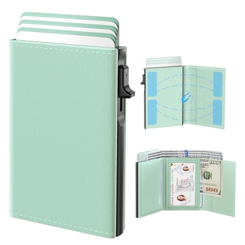 Image of typecase Womens Wallet Card Holder: Pop Up Card Case, Genuine Leather, RFID Blocking, Slim, Minimalist, Thin, Small Size - 9-14 Card Capacity, ID Window, Cash Pocket (Sage Green)