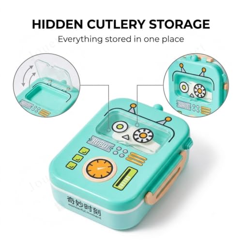 Image of JOUET 700ml Stainless Steel 3 Compartment Lunch Box with Foldable Spoon & Gravy Container, Kids Tiffin Box for School, Office & Travel - Green