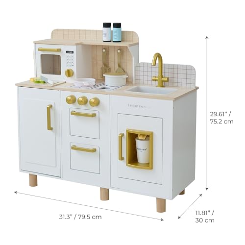 Image of Teamson Kids Little Chef Hampton Interactive Play Kitchen, White | Ice Dispenser, Sink & Microwave, Storage Included, 17 Pcs Accessories, For Kids 3+ Years