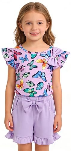 Image of Barlver Girls 2 Piece Short Set Baby Girl Summer Clothes Ruffle Sleeve T-Shirt and Bow Knot Shorts Toddler Girl Outfit Set