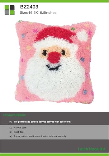 Image of Beyond Your Thoughts Christmas Latch Hook Kits DIY Pink Throw Pillow Cover Cute Santa with Color Pattern Printed for Kids Adults Beginners Family Decoration 16.5 * 16.5 inches BZ2403