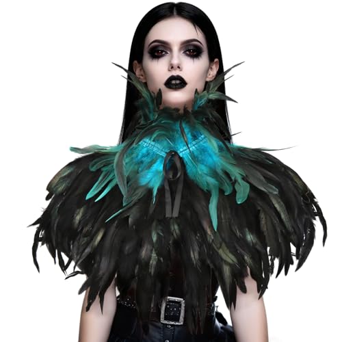 Gola de penas preta, xaile penas gótico, xaile penas, xailes cachecol de penas, disfarce de corvo para Halloween carnaval Cosplay Dress Up Party, azul, M