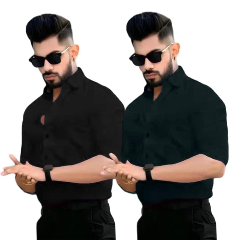 Image of Pinkmint Men's Solid Shirt | Soft Cotton Blend | Casual Shirt | Plain | Full Sleeve - Regular Fit (Available in Plus Size and Pack of 2)