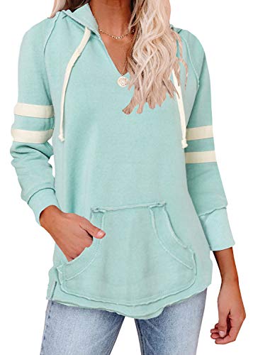 Fashare Womens V Neck Hoodies Color Block Long Sleeve Striped Hooded Sweatshirt Pullover with Pockets (X-Large, Green)
