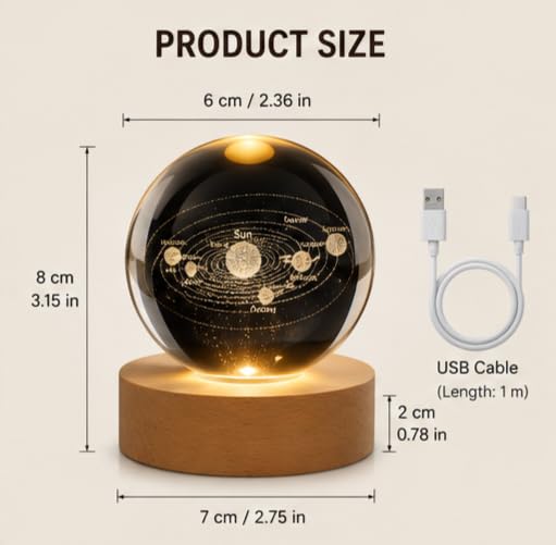 Image of Crystal Ball Night Light with Wooden Base, 3D Crystal Ball Night Lamp Touch Control LED Lamp, Bed Side Table Lamps for Bedroom, Table Lamp for Study Room, Home Decoration Items (Solar System)