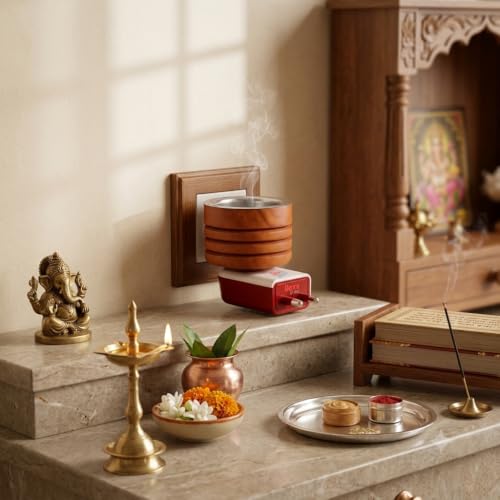 Image of Sheesham Wooden Kapoor Dani, Pooja Camphor Diffuser for Home Bakhoor Burner Puja Kapoor Dani Electric Kapoor Dani for puja Kapoor Machine Diffuser