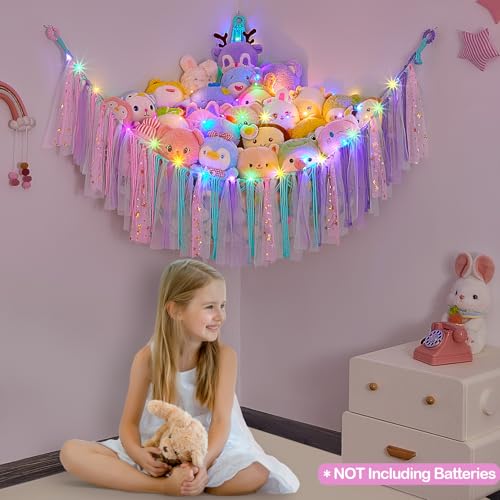Image of FIOBEE Stuffed Animals Net LED Light Toy Hammock for Kids Bedroom Storage | Stuffed Animals Storage Organizer, Girls Room Decor, Teddy Bear Holder, Space Saving, for Kids Nursery Bedroom Playroom