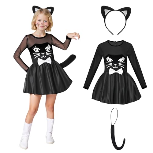 Disfarce Halloween menina gato: Fantasia de gato preto com orelhas e cauda de gato - vestido de gato para crianças adequado para jogos de RPG (4-6 anos))