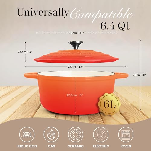 Image of Nuovva Enamelled Cast Iron Dutch Oven Pot with Lid-6.4 Quart Non Stick Casserole Pot-Heavy Duty & Oven Safe up to 500 F for Bread Baking, Braising, Stews, Roasting - 28cm Orange