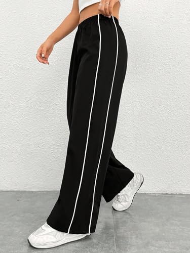 Image of Women Casual Loose Fit Track Pants High Waist Elastic Waistband Straight Wide Leg Trousers with Side Piping, Gym Yoga Running Athletic Sweatpants Comfortable