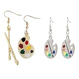 yueton 2 Pairs of Enamel Alloy Artist Jewelry Personality Artist Paint Palette Paint Brush Pendant Dangle Drop Earrings Artist Painter Art Teacher Gifts