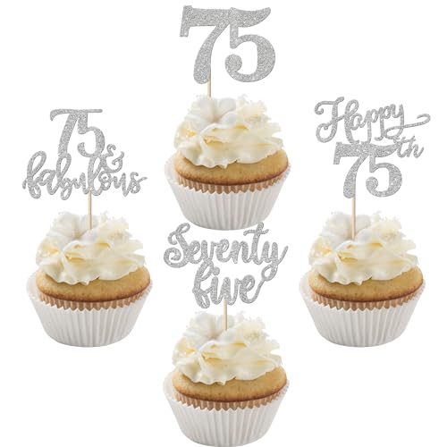 Rsstarxi 24 Pack Happy 75th Birthday Cupcake Toppers Glitter Seventy Five 75 Fabulous Cupcake Food Picks for 75th Birthday Wedding Anniversary Party Cake Decorations Silver