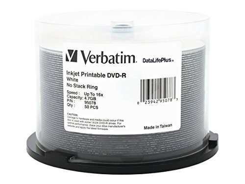 Verbatim 4.7GB Up to 16X Datalifeplus White Inkjet Printable Recordable Disc DVD-R, 50 -Disc Spindle