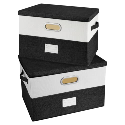 Image of Large Linen Fabric Foldable Storage Bins with Removable Lid and Handles, Washable Storage Box Organizer Containers Baskets Cube with Cover for Bedroom,Closet,Office(Black&White, Large(2-Pack))