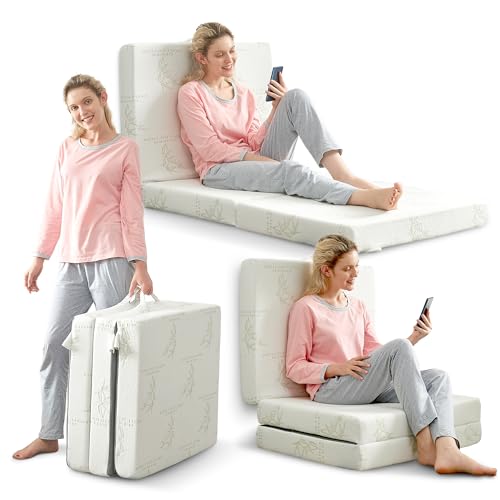 Cheer Collection Tri-Fold Folding Mattress – 4 Inch Portable Floor Mattress for Guests, Camping, Sleepovers & Travel – Lightweight Foldable Foam Bed (75