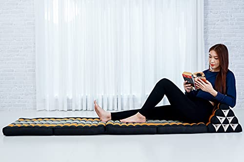 Image of Leewadee Comfortable Japanese Floor Mattress - Thai Floor Bed with Triangle Cushion - Futon Mattress - XL Extra Long Thai Massage Mat, 89 x 20 inches, Black Orange, Kapok Filling