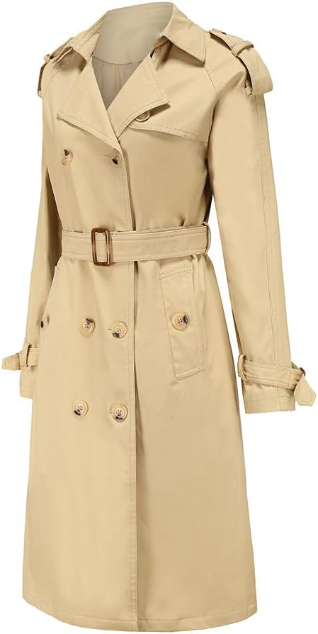 MEWOW Women's Front Double Breasted Trench Coat Long Lapel Windbreaker with Belt