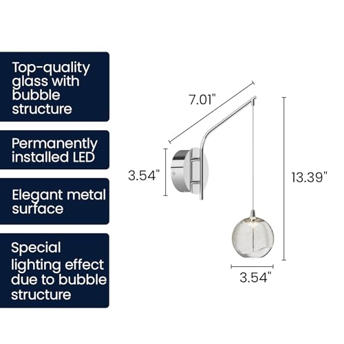 Image of 13 inch Chrome Hanging Wall Sconce Vintage, Integrated LED Bubble Glass Globe, Modern Art Deco Hanging Wall Light for Bedroom, Living Room and Bathroom, Silver, 3000K Warm White, Hardwired