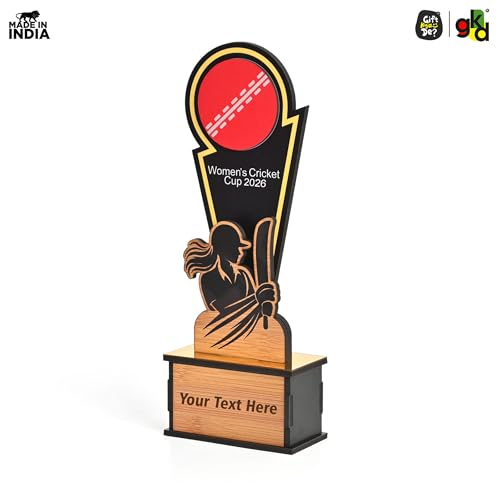 Image of GKD Wooden Cricket Trophy for Winners - Women's Cricket Cup Memento for Tournaments, Corporate Events & School Competitions | Self-Customizable with Stickers (Women 8.5 Inch)